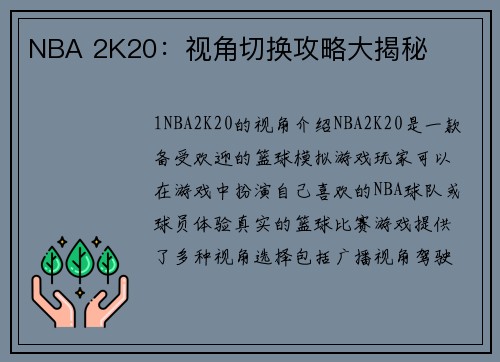 NBA 2K20：视角切换攻略大揭秘